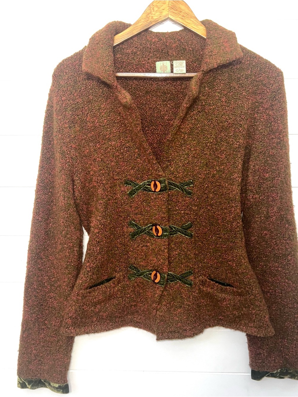 HWR Anthropologie Boucle Wool Cardigan Jacket L Velvet Toggle Brown Cottagecore